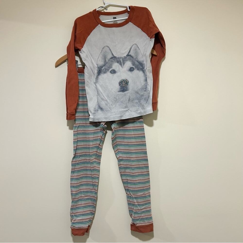 Tea Collection Husky Print Cotton Pajama Set in Red & Stripes - Size 12